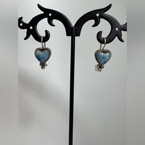 Vintage Sterling Silver & RARE Denim Turquoise Heart Shaped Wire Drop Earrings